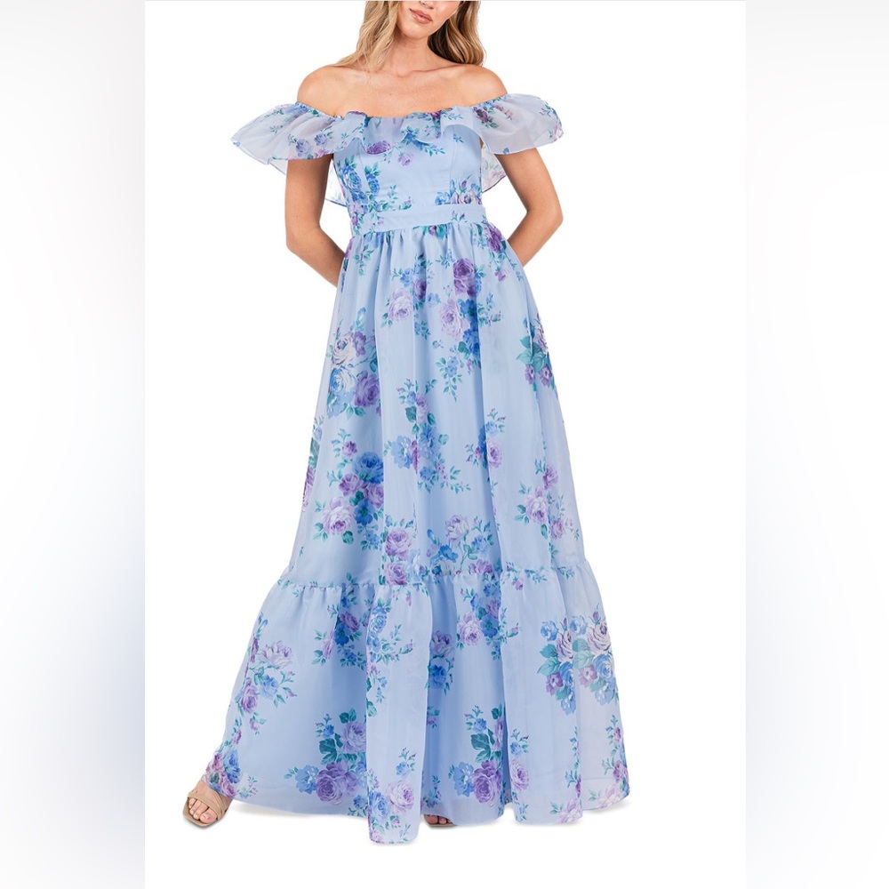 B Darlin Lavender Floral Off-Shoulder Dress